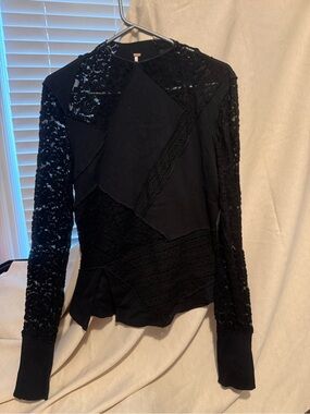 Free People Black Lace & Knit Patchwork Long Sleeve Top